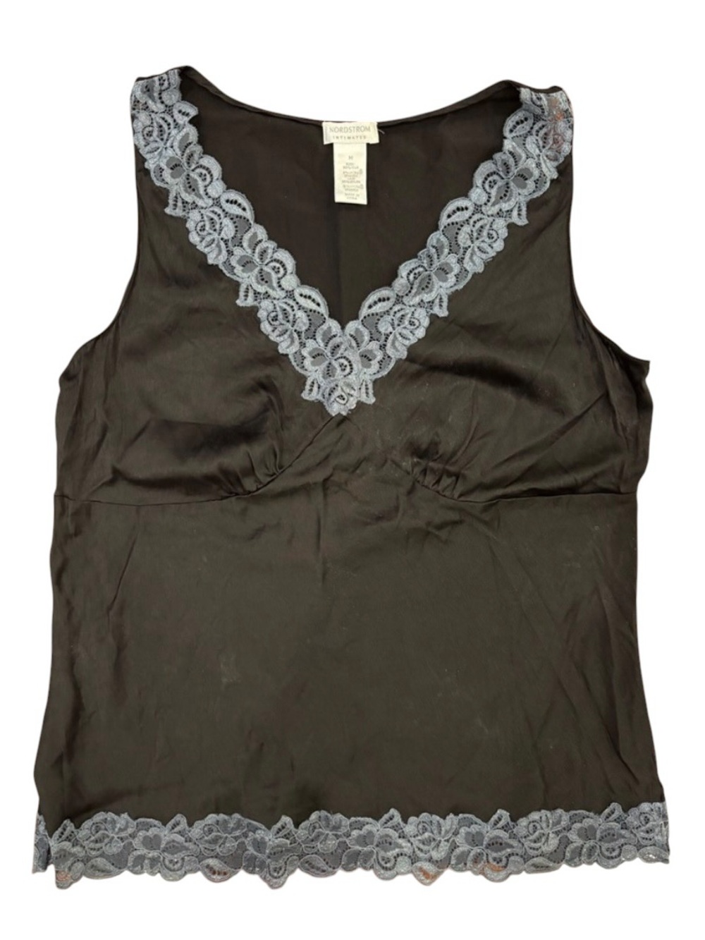 Vintage Y2K Nordstrom Black Silk Camisole Top with Blue Lace Trim, Medium